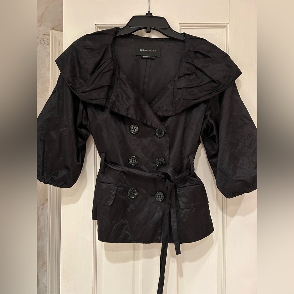 BCBG Satin Peplum belted jacket. Size S